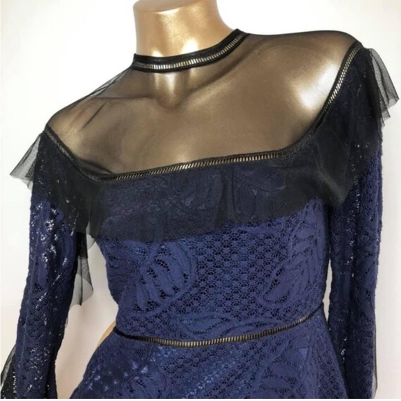 Lucia’s Sarto ♍️ dress navy blue lace black ruffle medium - Picture 6 of 16